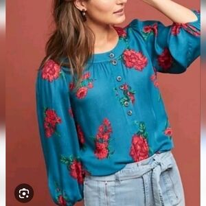NWOT Maeve By Anthropology Teal Floral Blouse